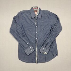 Vintage Red Shirt Mens Medium Blue Cotton Chambray Long Sleeve Button Up Floral